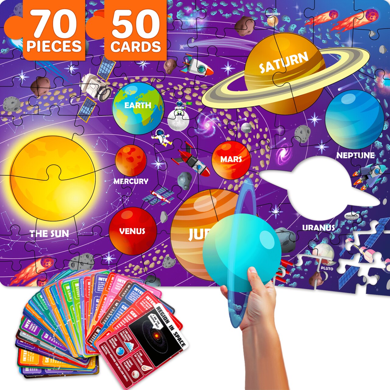 QUOKKA Solar System Puzzles for Kids Ages 4-6 - 70 Pcs Fun Kids Puzzles Ages 5-8 Preschool Floor Activities - Includes 50 Cards with 400+ Space Facts- Planet-Shaped Jigsaw Puzzle Gift for Girls Boys